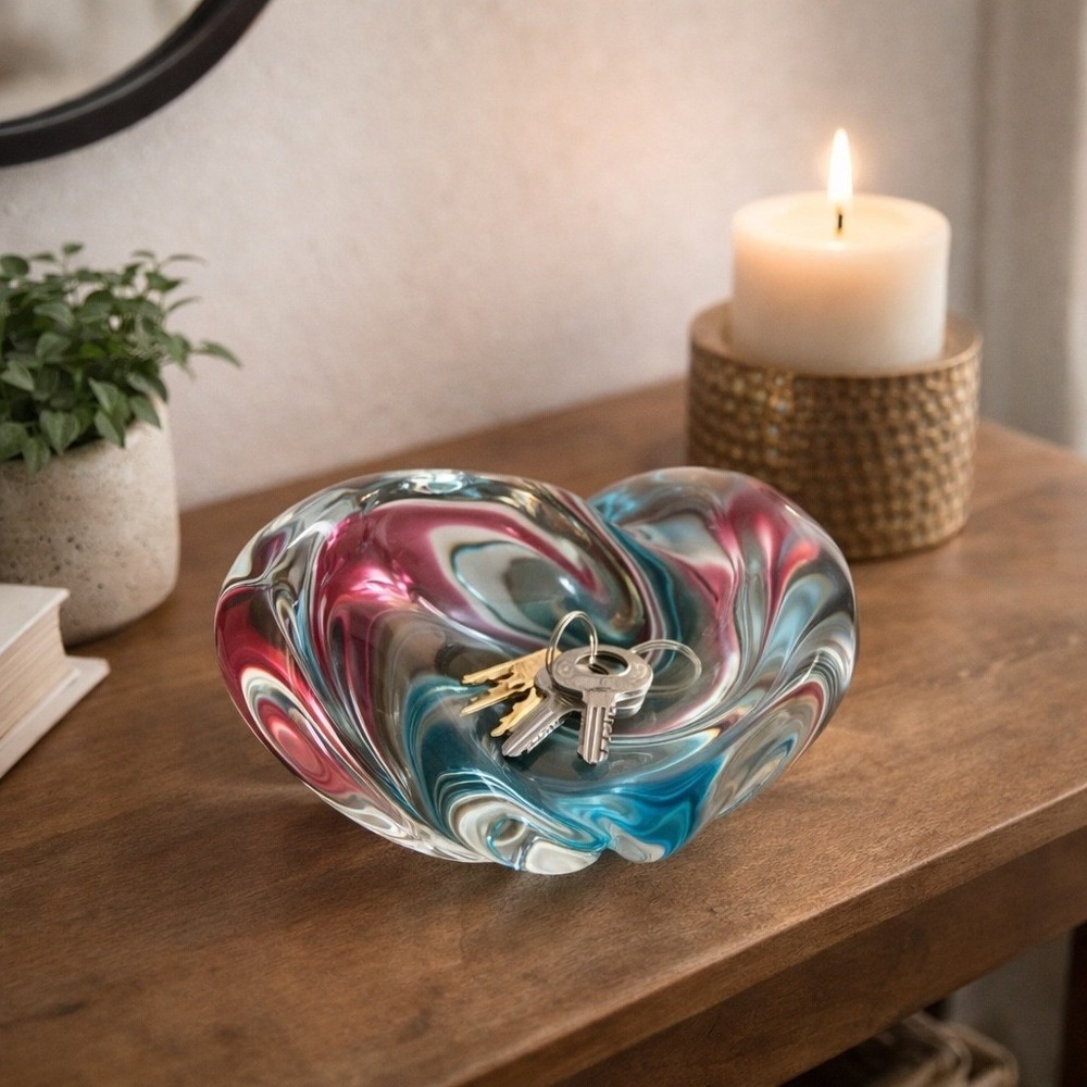 MCM Art Glass Bowl Pink Blue Swirl Murano Style Hand Blown Catchall Dish 7in
